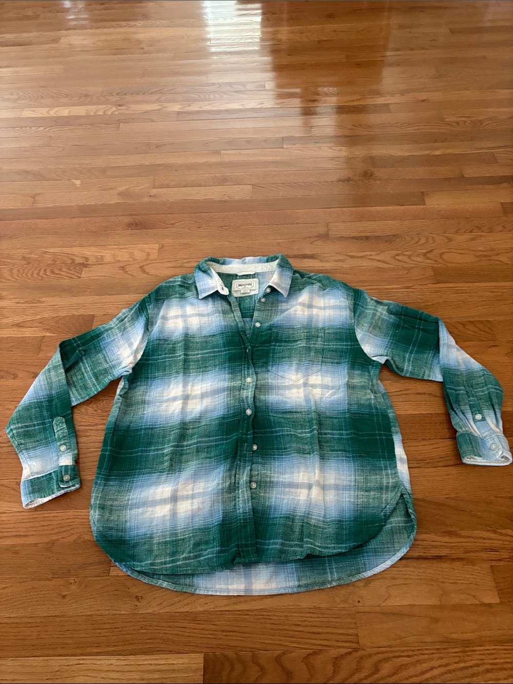 American Eagle Outfitters Green and White Plaid Long Sleeve Button-Up